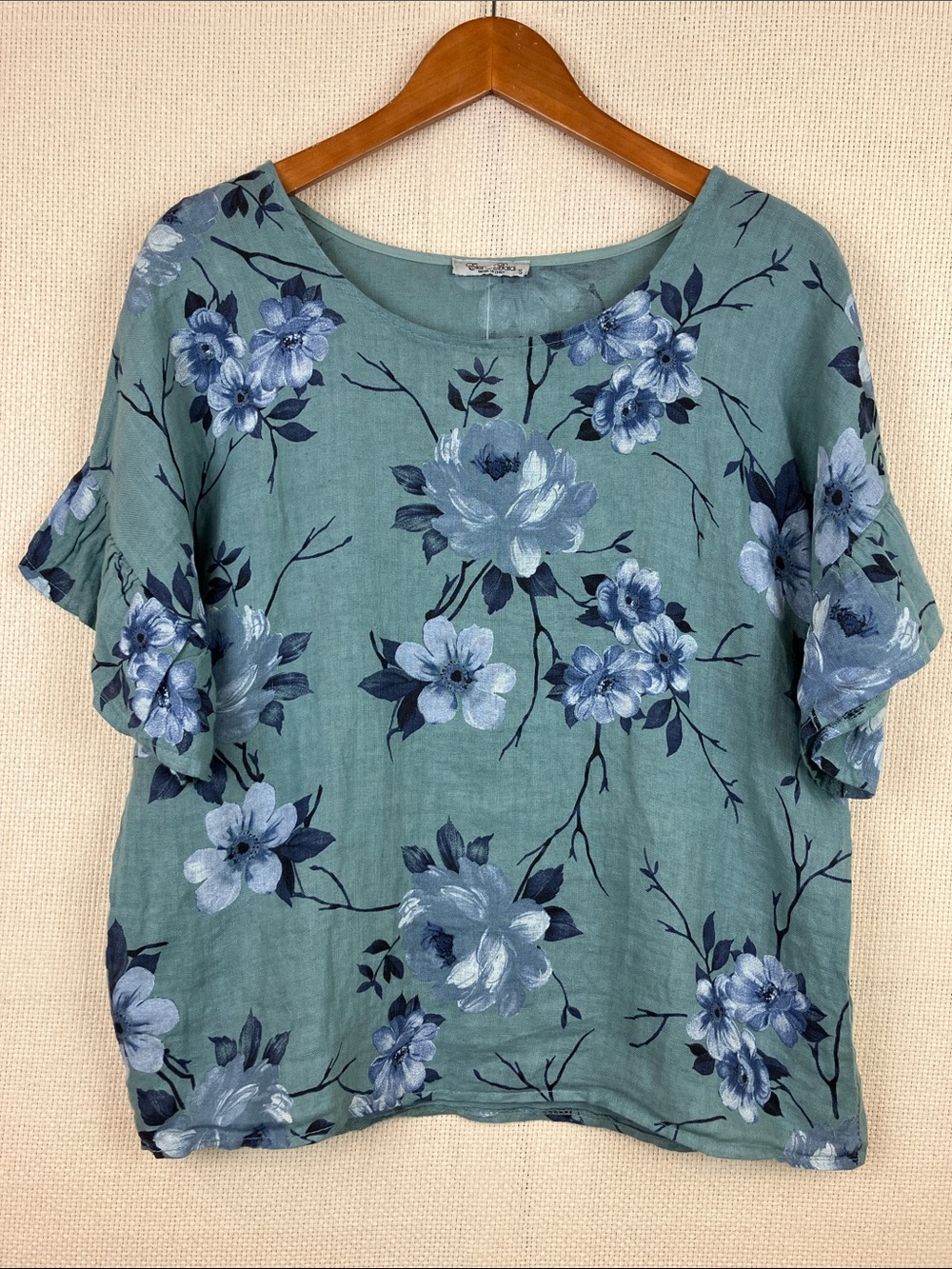 Elena Baldi Floral Linen Top Ruffle Sleeve Italy NWT